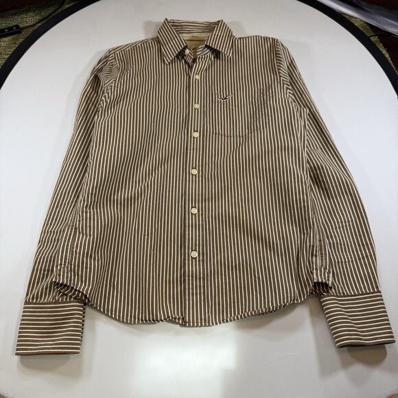 Hollister Vintage Y2K Logo Striped Oxford Button Shirt Brown Mns Medium - Picture 2 of 10